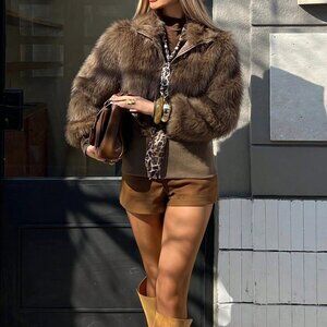 Khaki Casual Women's Short Stand Collar Faux Fur Jacket